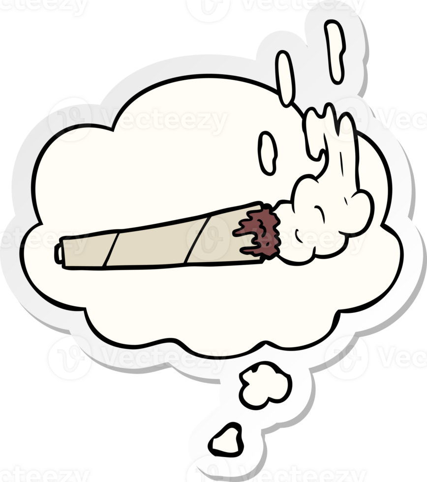 cartoon marijuana joint with thought bubble as a printed sticker png