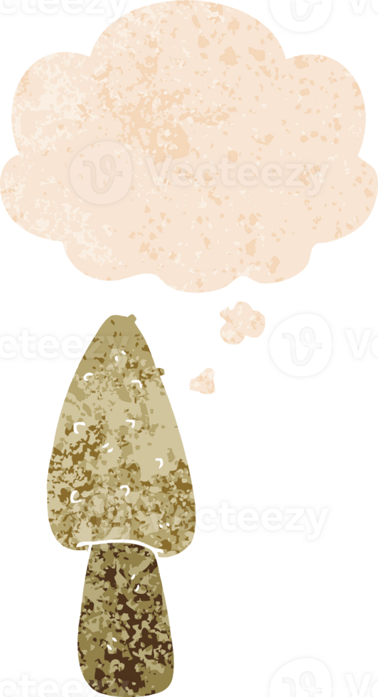 cartoon mushroom with thought bubble in grunge distressed retro textured style png
