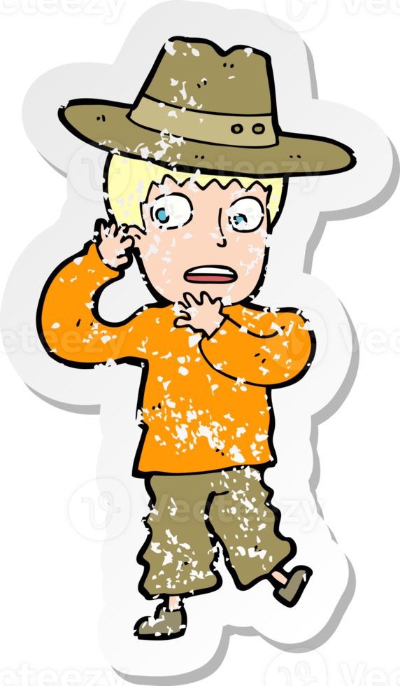 retro distressed sticker of a cartoon scared boy in hat png