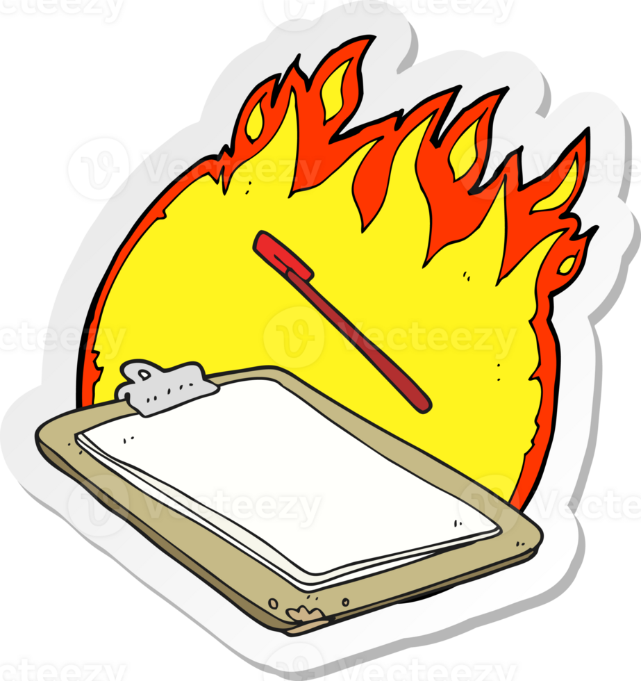 sticker of a cartoon clip board on fire png
