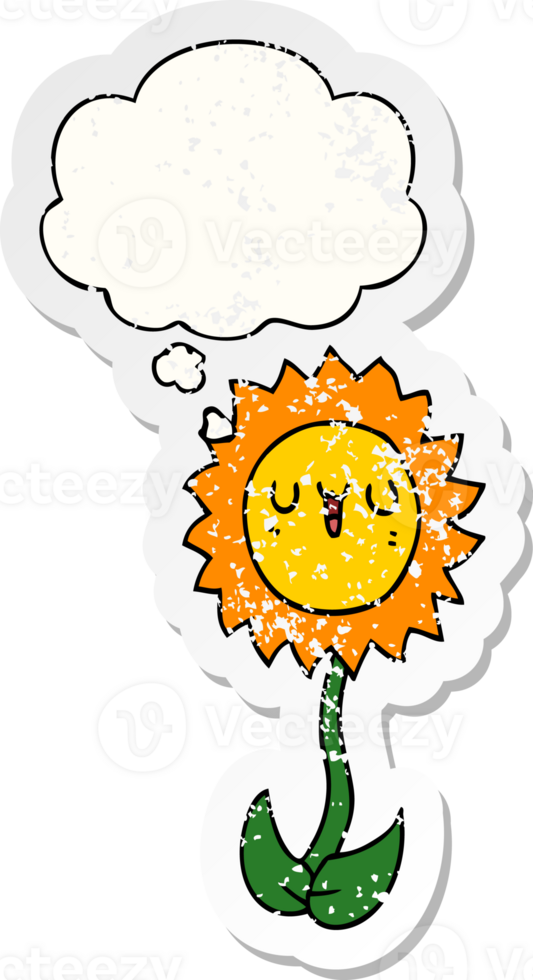 cartoon flower with thought bubble as a distressed worn sticker png