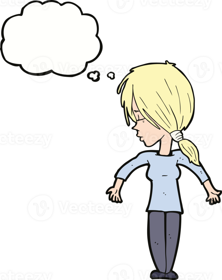 cartoon woman shrugging shoulders with thought bubble png