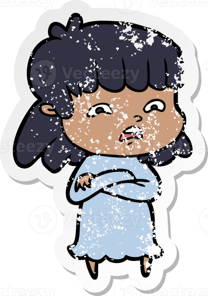 distressed sticker of a cartoon worried woman png