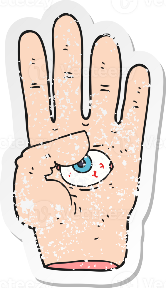 retro distressed sticker of a cartoon spooky hand with eyeball png