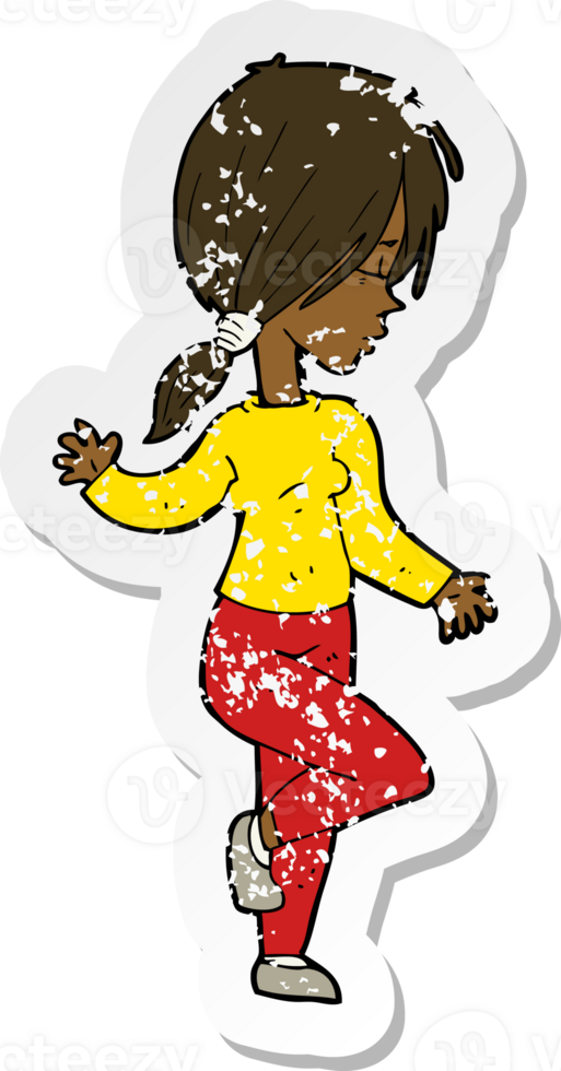 retro distressed sticker of a cartoon girl dancing png