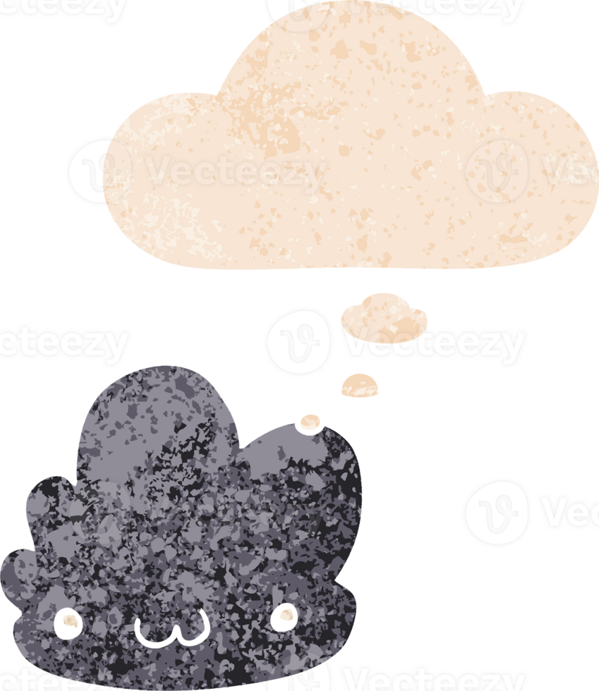 cute cartoon cloud with thought bubble in grunge distressed retro textured style png