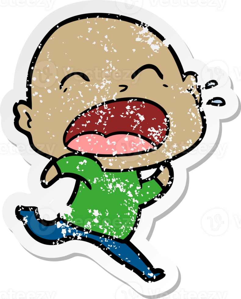 distressed sticker of a cartoon shouting bald man png