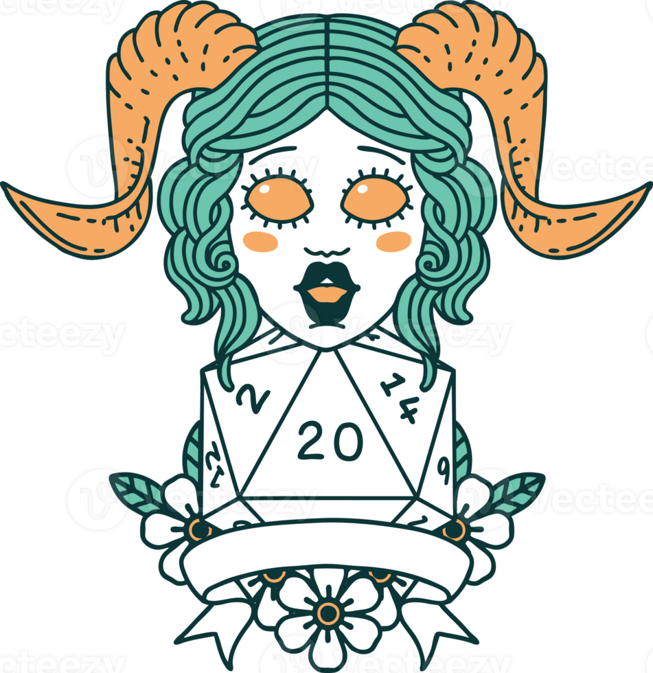 Retro Tattoo Style tiefling with natural twenty dice roll png