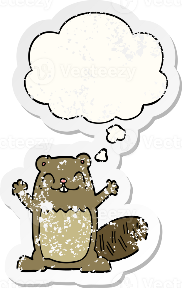 cartoon beaver with thought bubble as a distressed worn sticker png