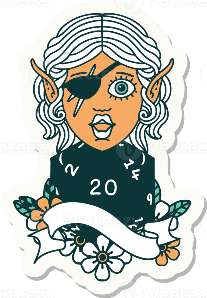 sticker of a elf rogue character with natural twenty dice roll png
