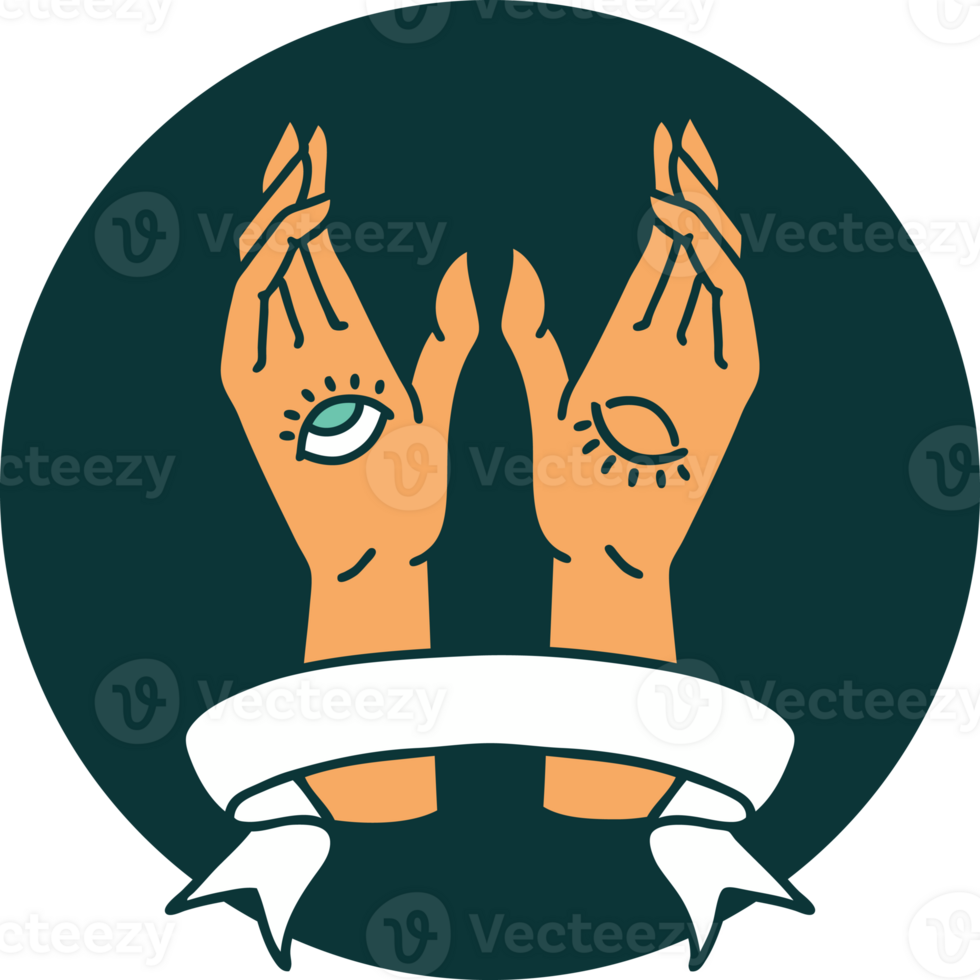 tattoo style icon with banner of mystic hands png
