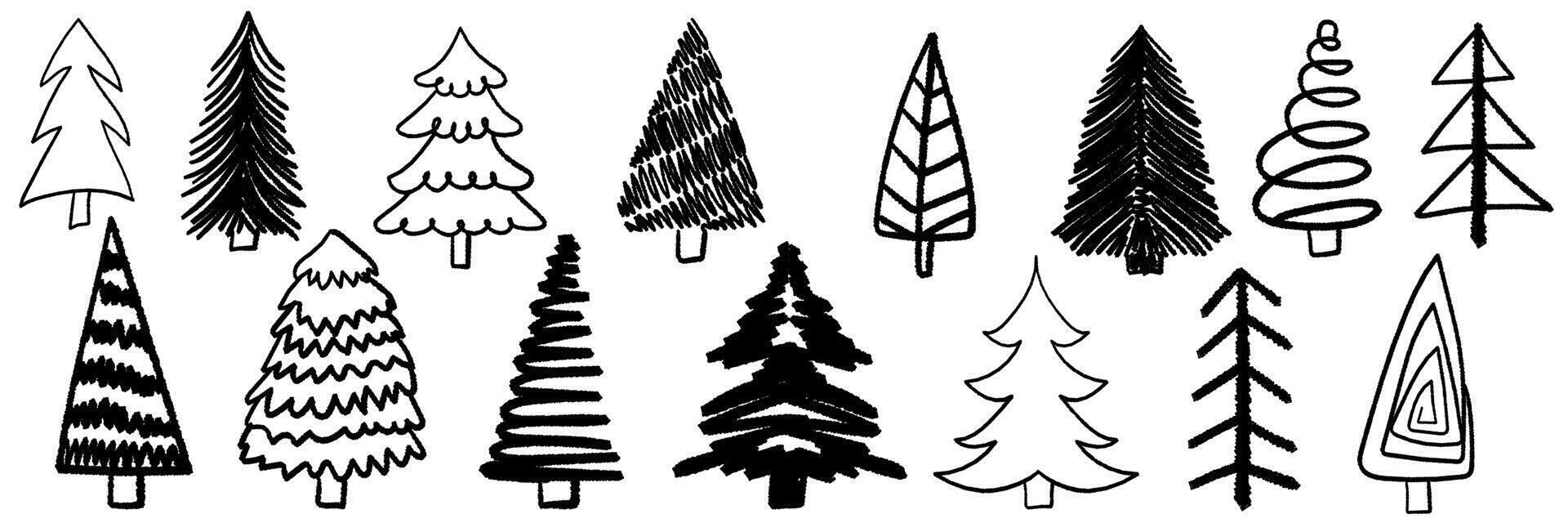 Collection of Christmas trees. Brush painted stylized trees for New Year and Christmas greeting cards, wrapping holiday design. vector