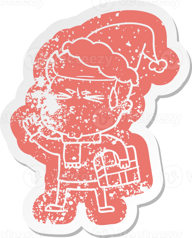 quirky cartoon distressed sticker of a man sweating wearing santa hat png