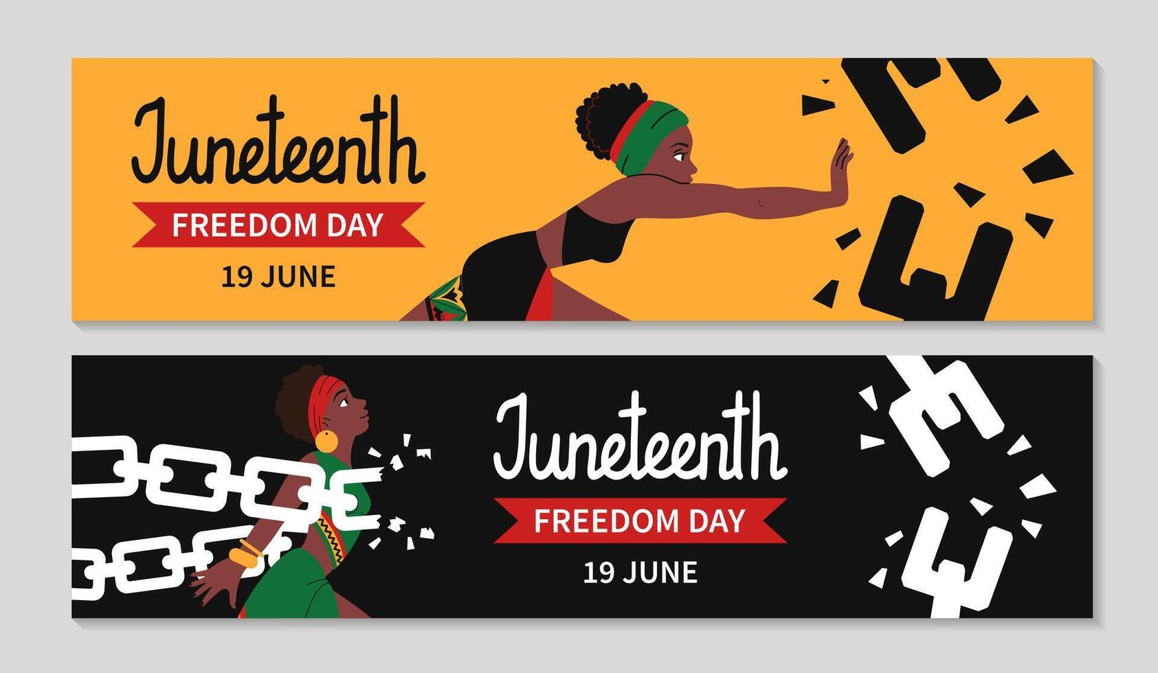 Juneteenth Billboard set. Horizontal greeting background for web. African-American woman in ethnic clothes breaks chains. Struggle for freedom. Hand Juneteenth lettering. flat illustration. vector