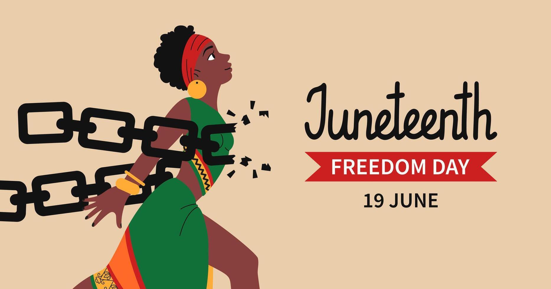 Juneteenth freedom day web banner. African-American Independence Day Background. Woman in ethnic clothes breaks chains. Holiday template for card, poster with lettering. flat illustration. vector