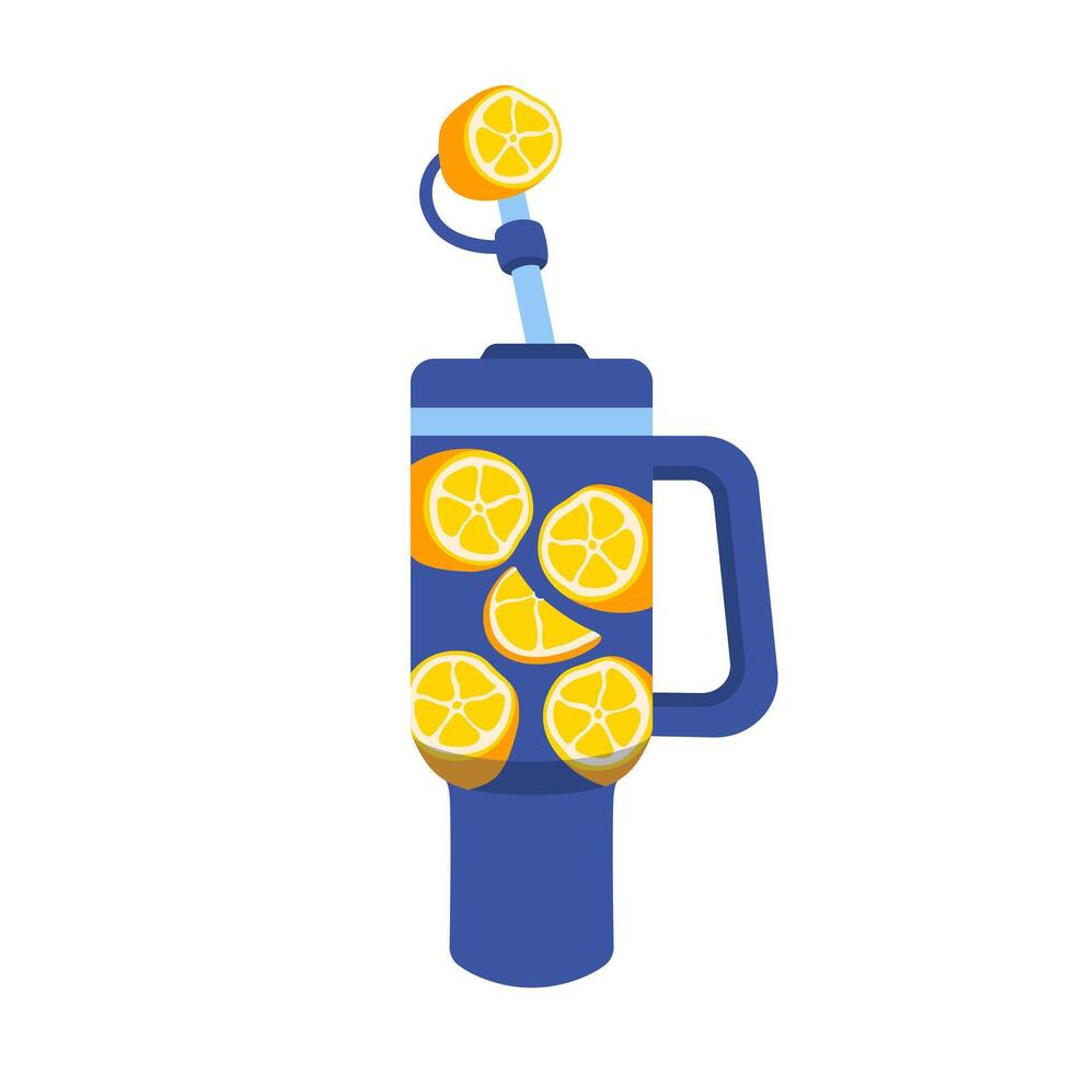 Tumbler for water and hot drinks. Custom bottle with lemon-shaped rubber lid. Reusable thermos mug tumbler bottle, travel coffee cup and thermos. Color cup for shops, brand. flat illustration. vector