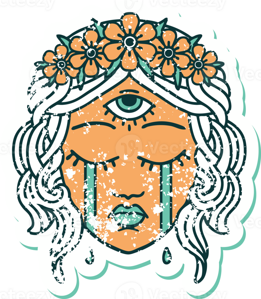 iconic distressed sticker tattoo style image of female face with mystic third eye crying png