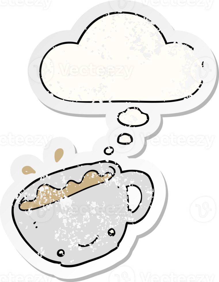 cartoon cup of coffee with thought bubble as a distressed worn sticker png