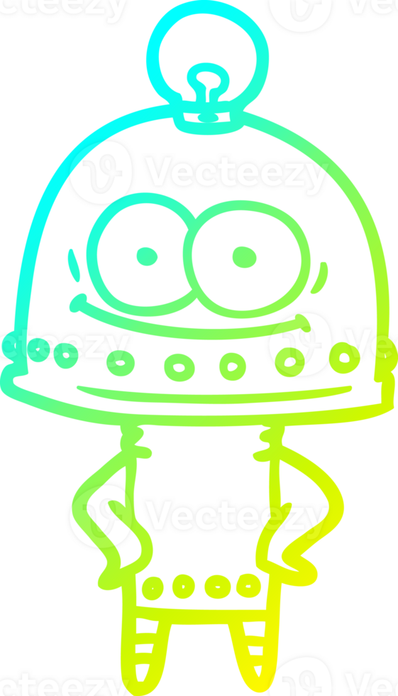 cold gradient line drawing of a happy carton robot with light bulb png