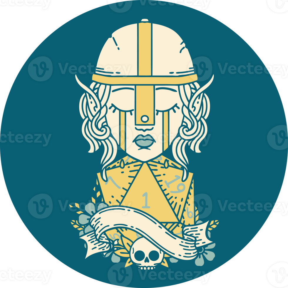 Retro Tattoo Style crying elf fighter character face with natural one D20 roll png