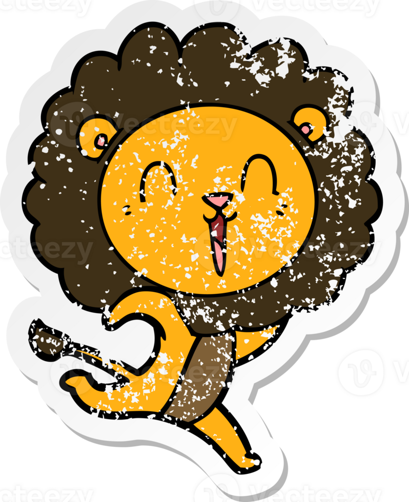 distressed sticker of a laughing lion cartoon running png