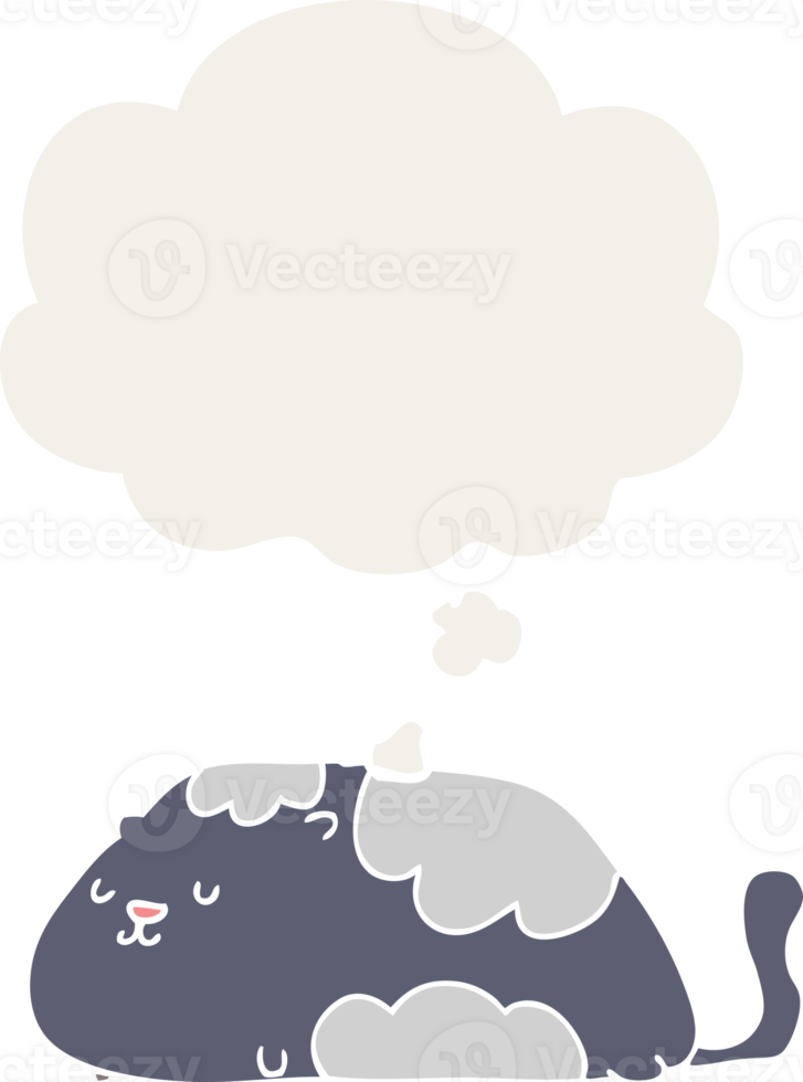 cartoon cat with thought bubble in retro style png