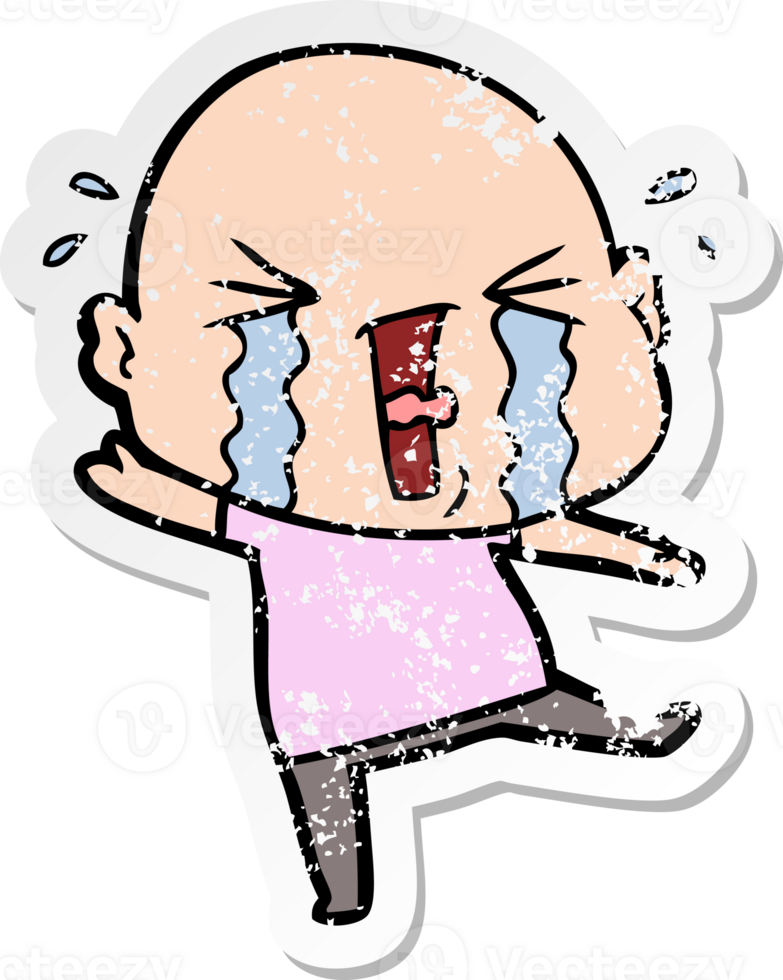 distressed sticker of a cartoon crying bald man png