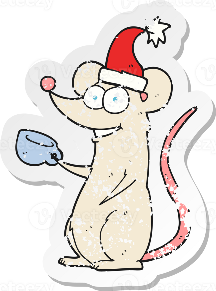 retro distressed sticker of a cartoon mouse wearing christmas hat png