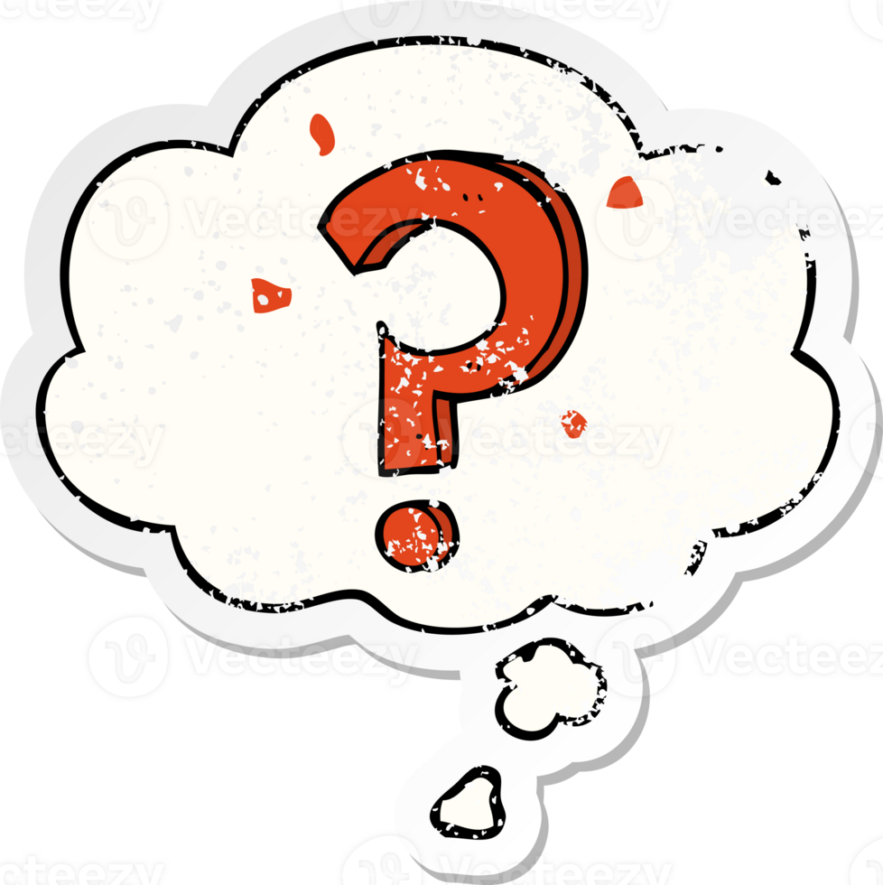 cartoon question mark with thought bubble as a distressed worn sticker png