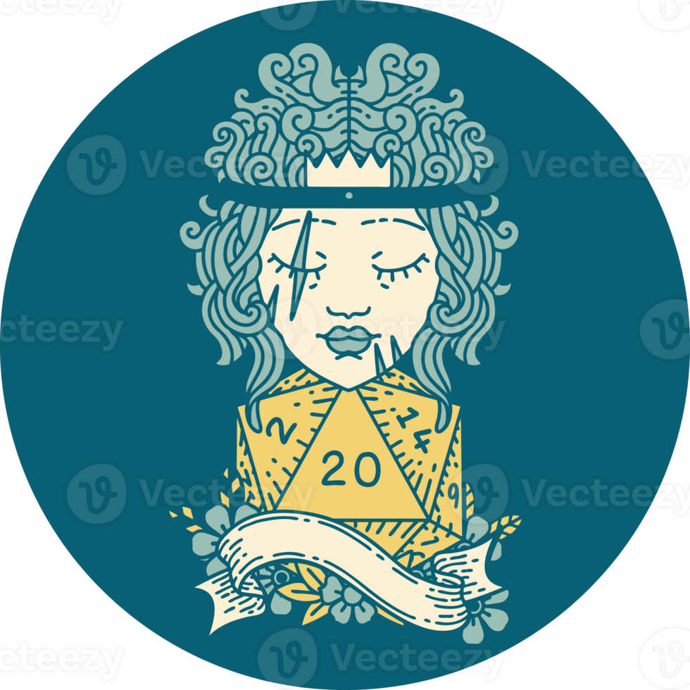 Retro Tattoo Style human barbarian with natural twenty dice roll png