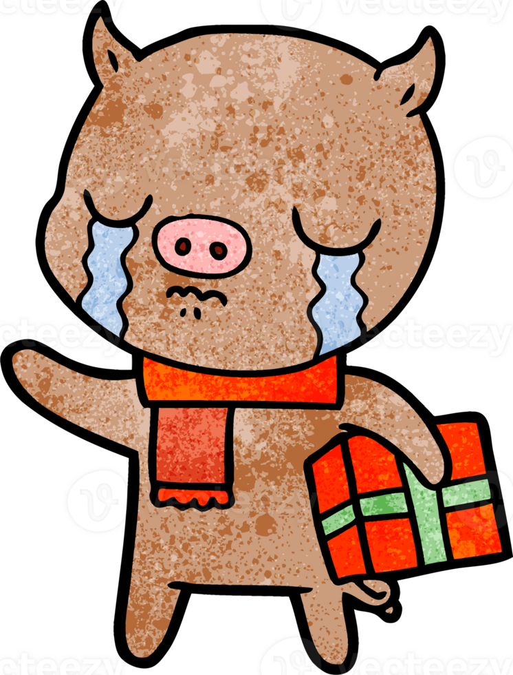 cartoon pig crying over christmas present png