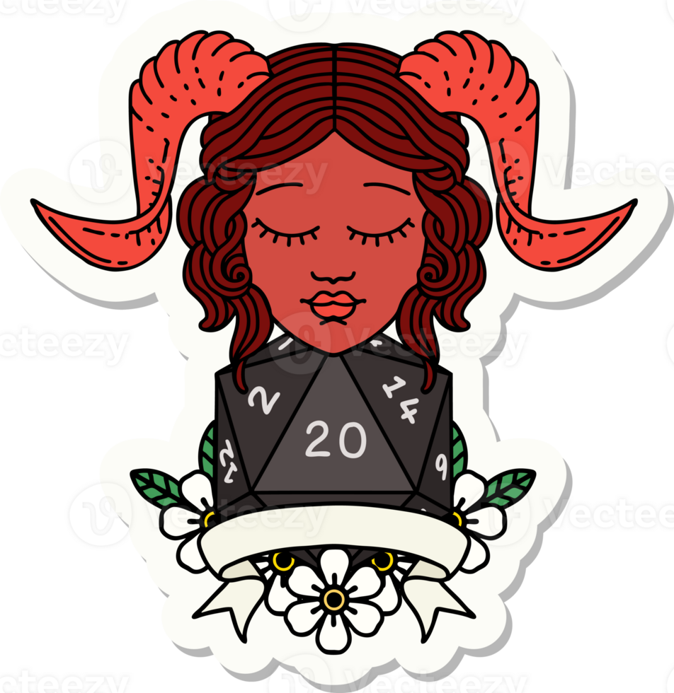 sticker of a happy tiefling with natural 20 png