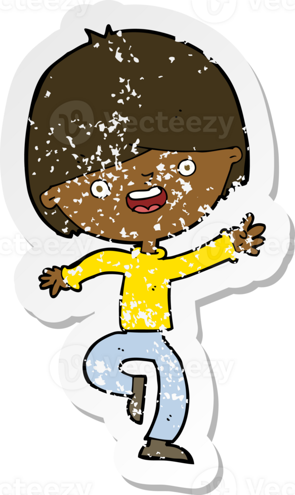 retro distressed sticker of a cartoon happy boy dancing png