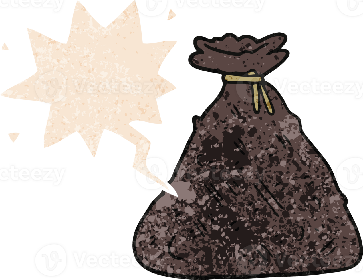 cartoon old hessian sack with speech bubble in grunge distressed retro textured style png
