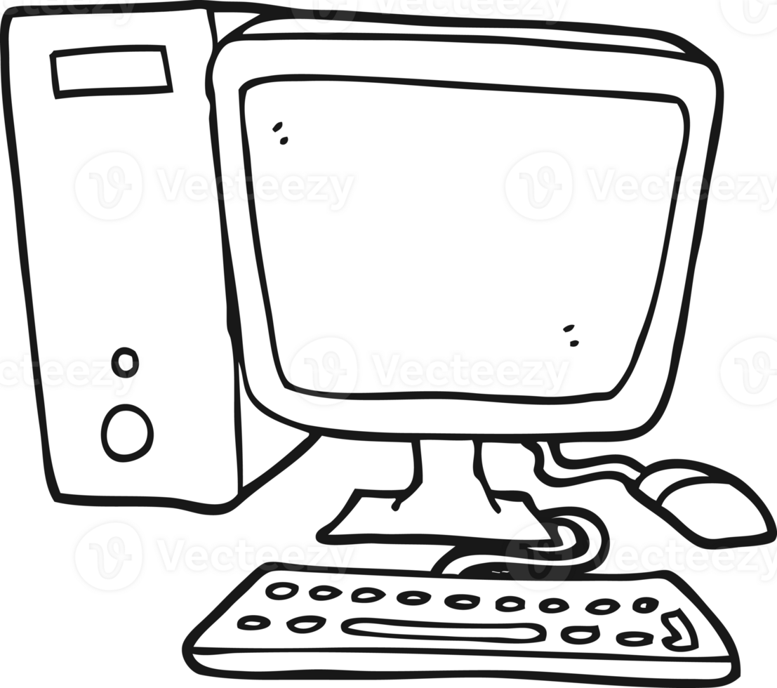 hand drawn black and white cartoon desktop computer png
