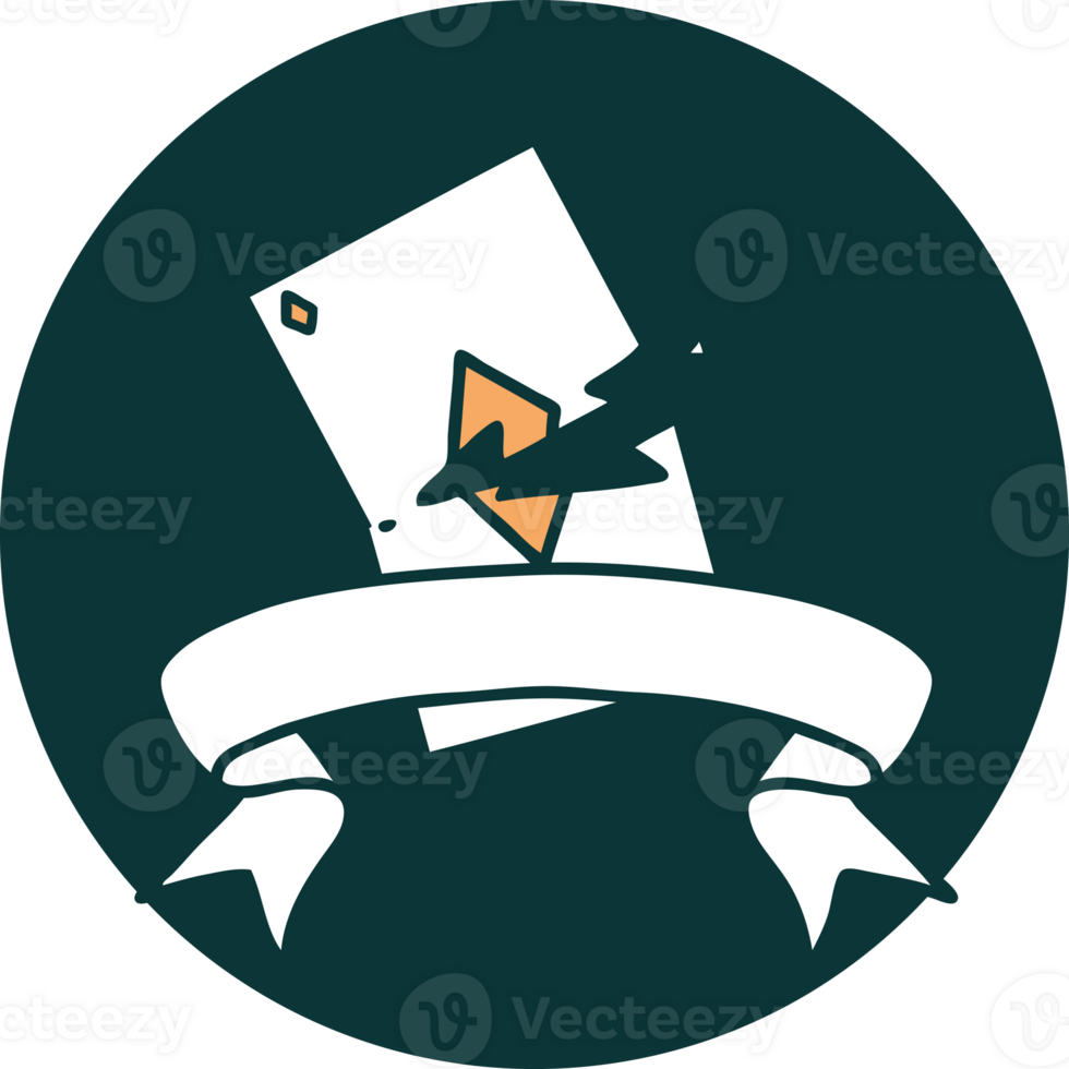 tattoo style icon with banner of a torn card png