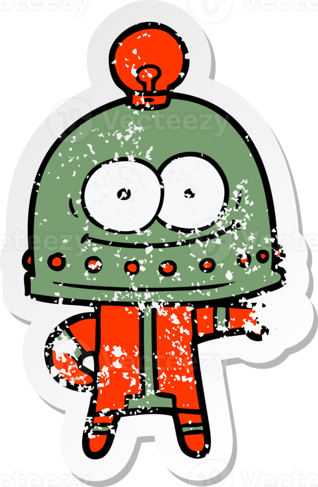 distressed sticker of a happy carton robot with light bulb png