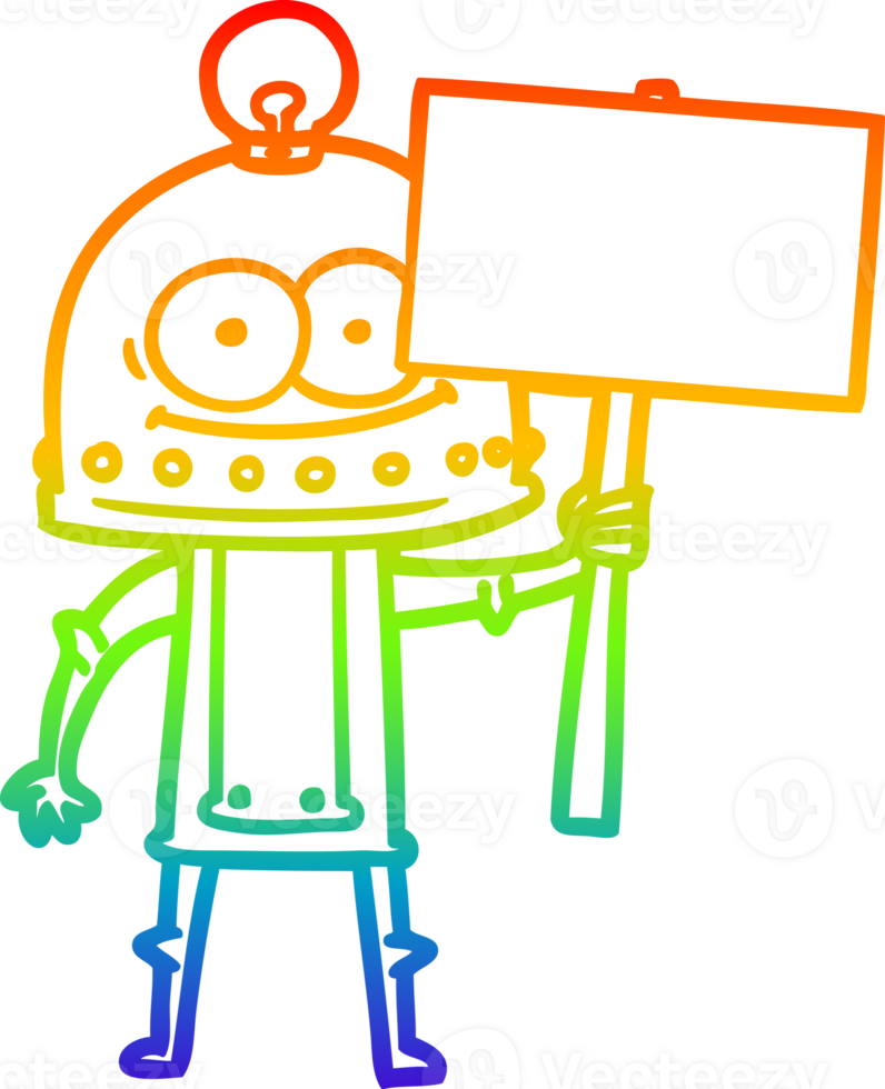 rainbow gradient line drawing of a happy carton robot with light bulb png