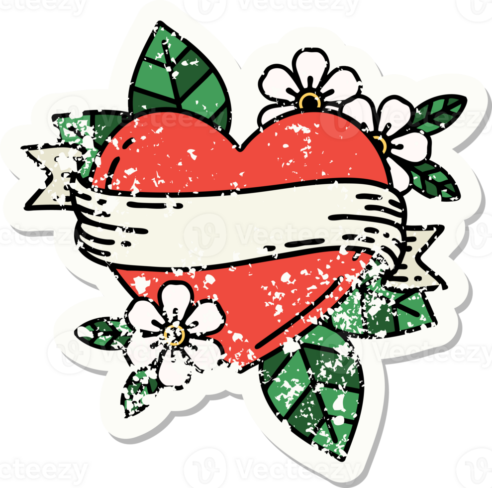 distressed sticker tattoo in traditional style of a heart and banner png