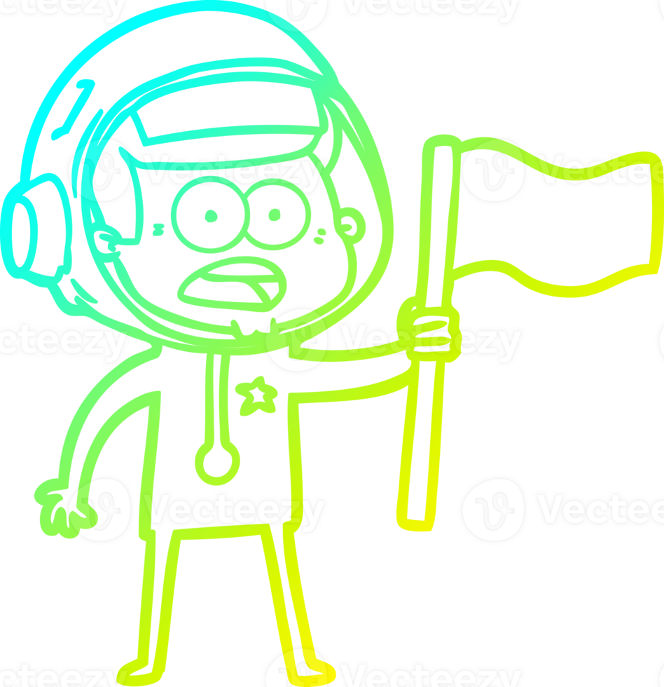 cold gradient line drawing of a cartoon surprised astronaut waving flag png