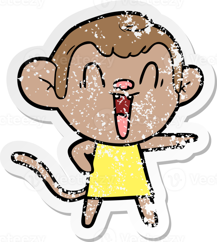 distressed sticker of a cartoon laughing monkey png