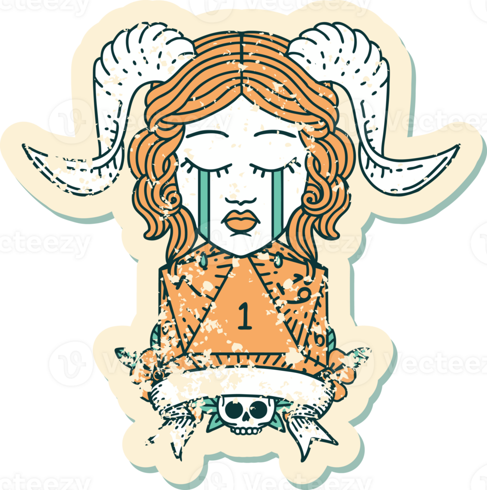 Retro Tattoo Style crying tiefling with natural one D20 dice roll png