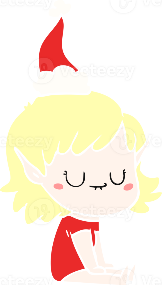 happy hand drawn flat color illustration of a elf girl wearing santa hat png