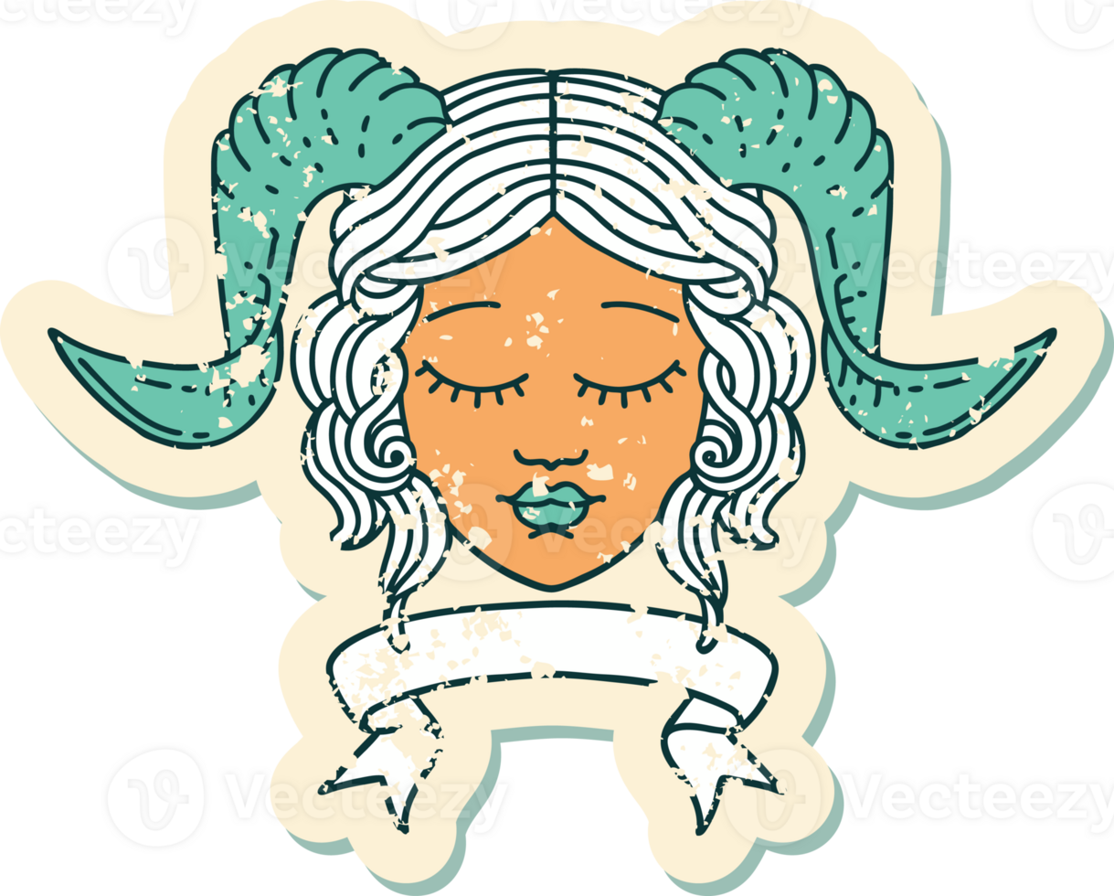 Retro Tattoo Style tiefling character face with scroll banner png