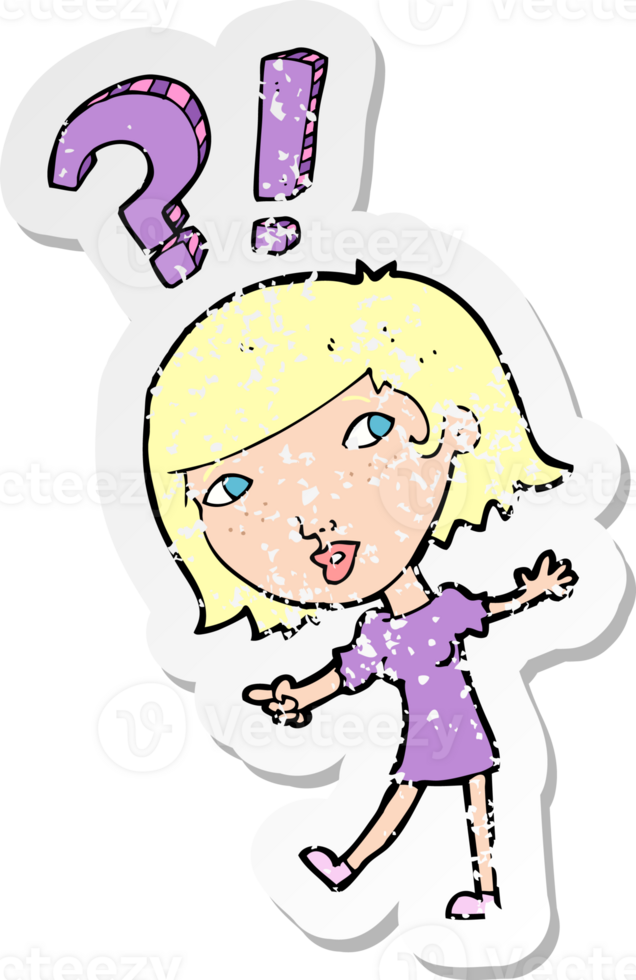 retro distressed sticker of a cartoon woman asking question png