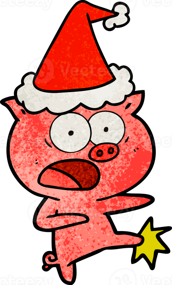hand drawn textured cartoon of a pig shouting and kicking wearing santa hat png