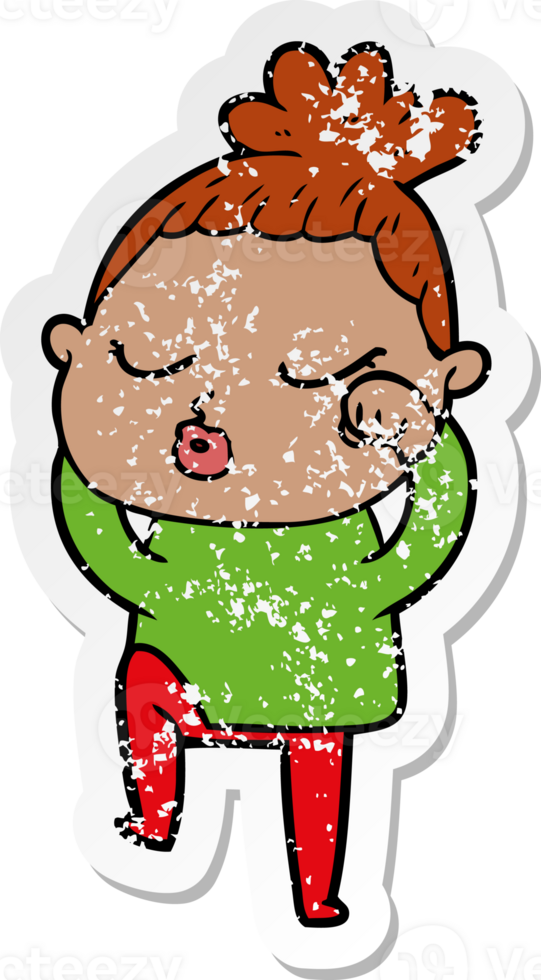 distressed sticker of a cartoon calm woman png