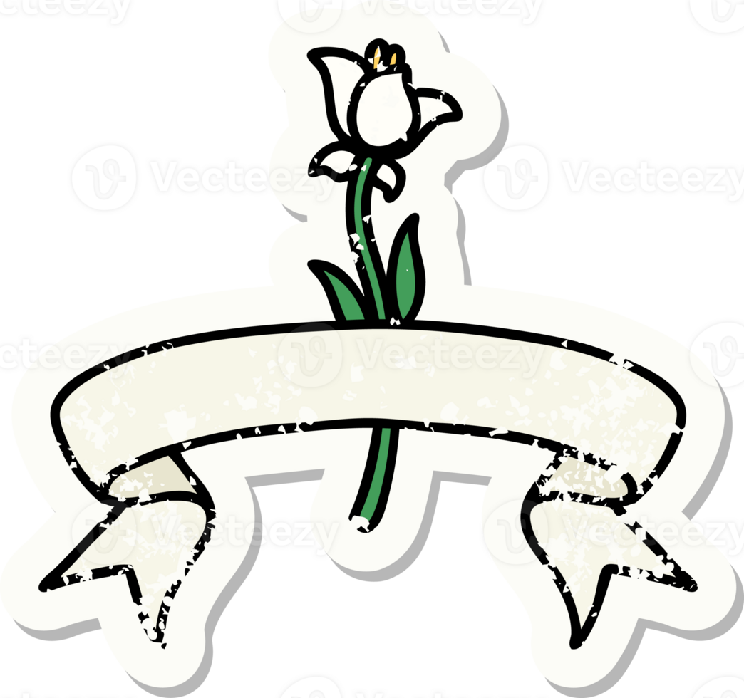 worn old sticker with banner of a lily png