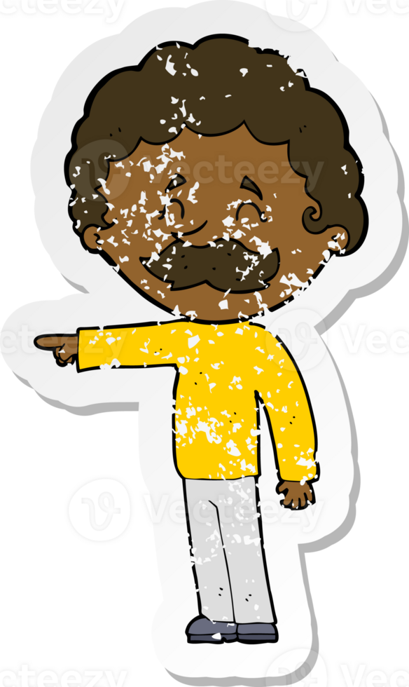 retro distressed sticker of a cartoon man with mustache pointing png
