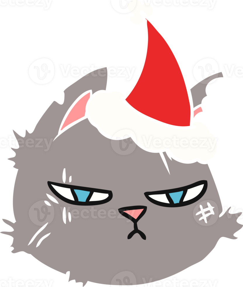 hand drawn flat color illustration of a tough cat face wearing santa hat png